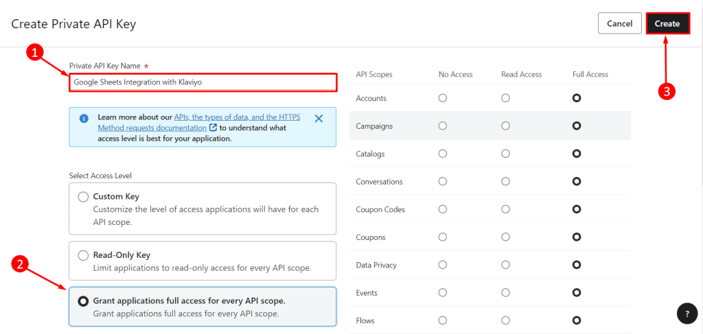 Create Private API Key Klaviyo