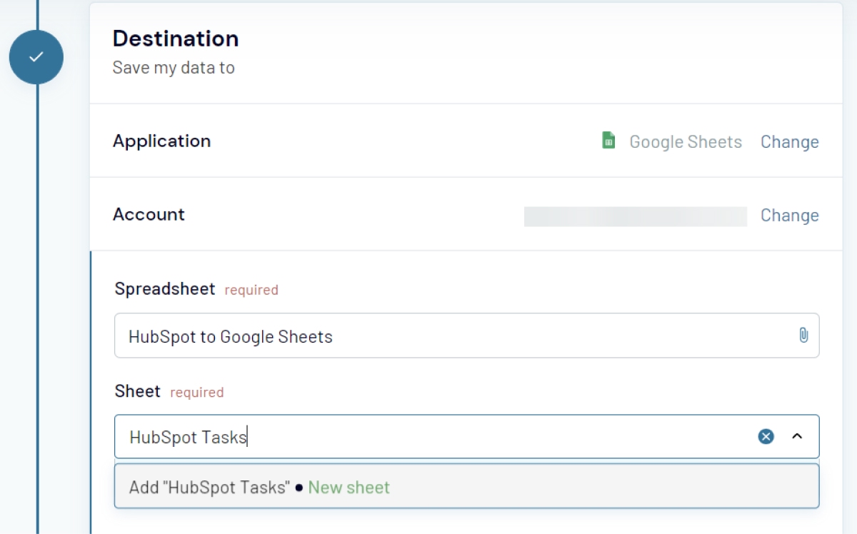 Select Google Sheets as a Destination